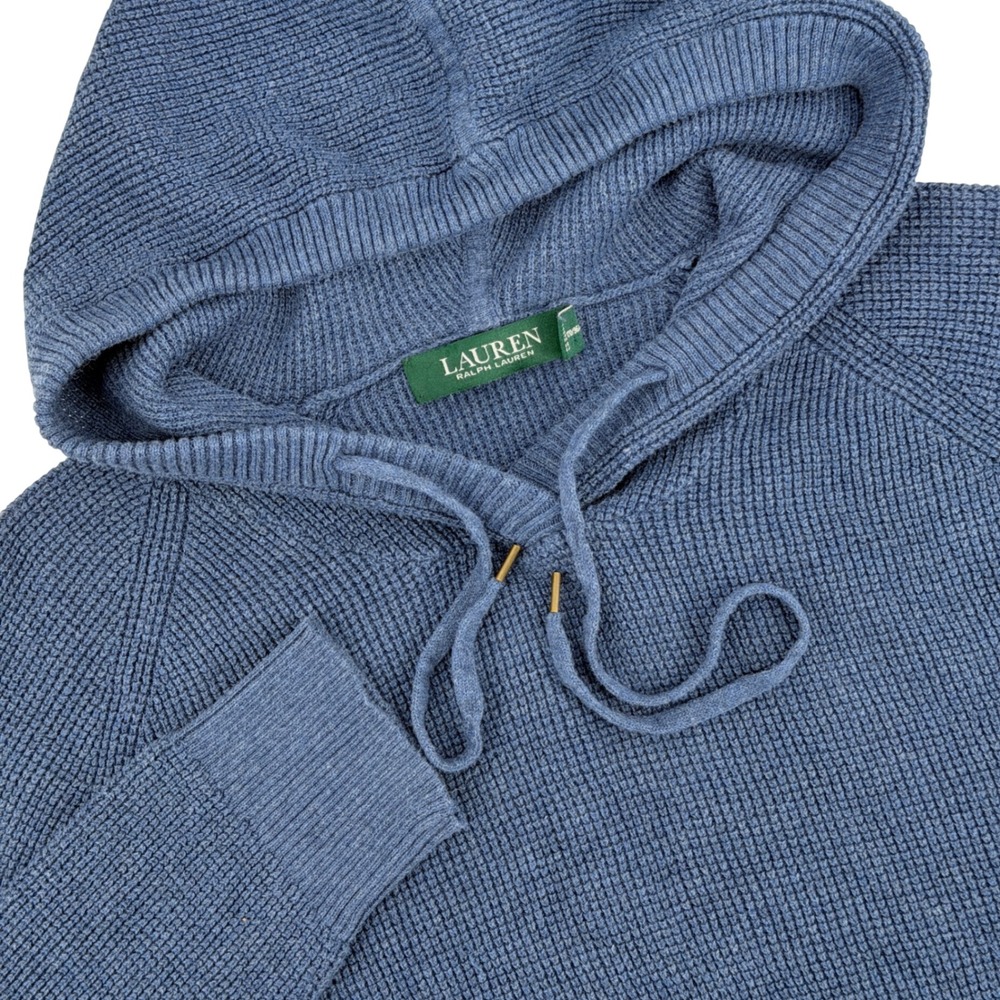 Lauren Ralph Lauren Knit Hoodie Sweatshirt Women L Blue Waffle Knit Classic Prep
